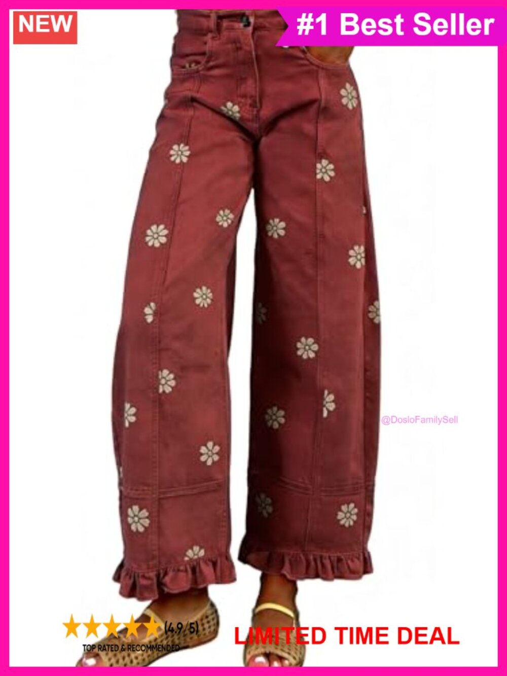Floral Print Wide Leg Barrel Jeans Mid Rise Ankle Denim Pants